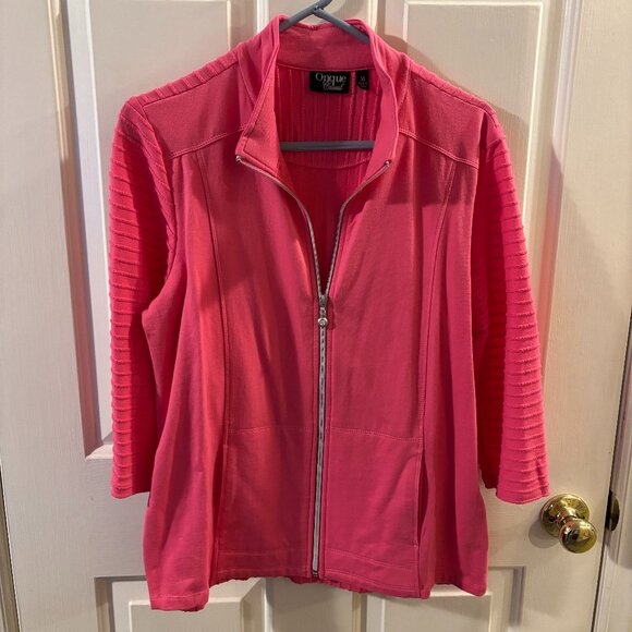 Onque Casuals Women's Pink Full-Zip 3/4 Sleeve Knit Jacket Ribbed~ Medium - Picture 1 of 6